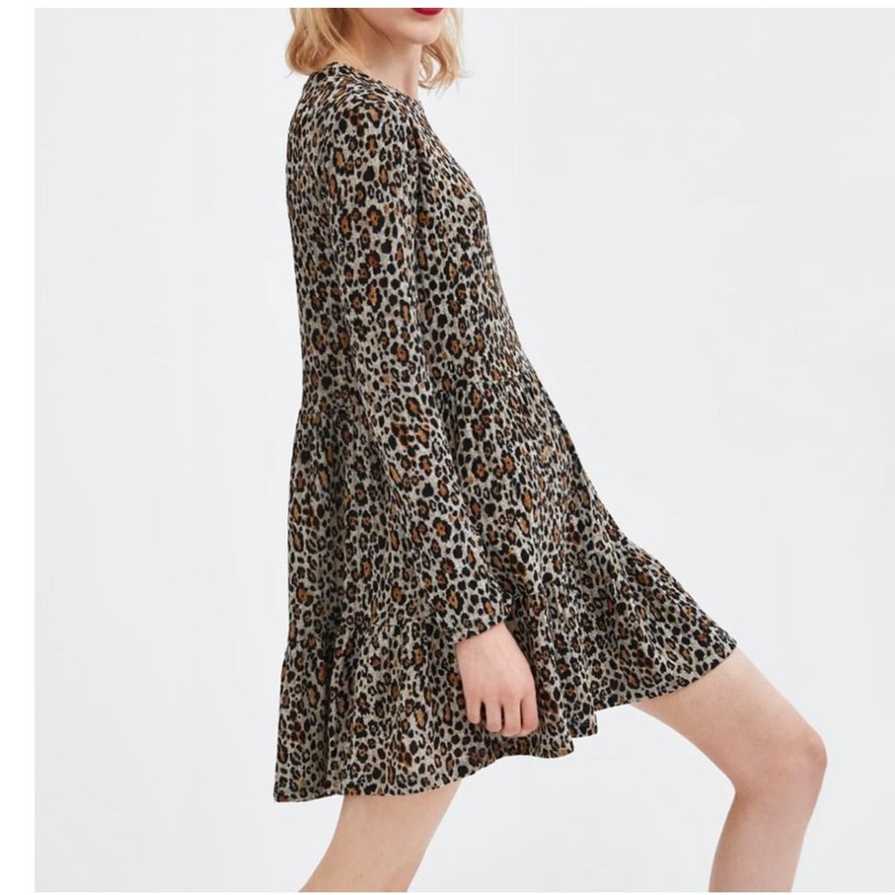 Zara Leopard Ruffled Dress Long Sleeve - Size Small